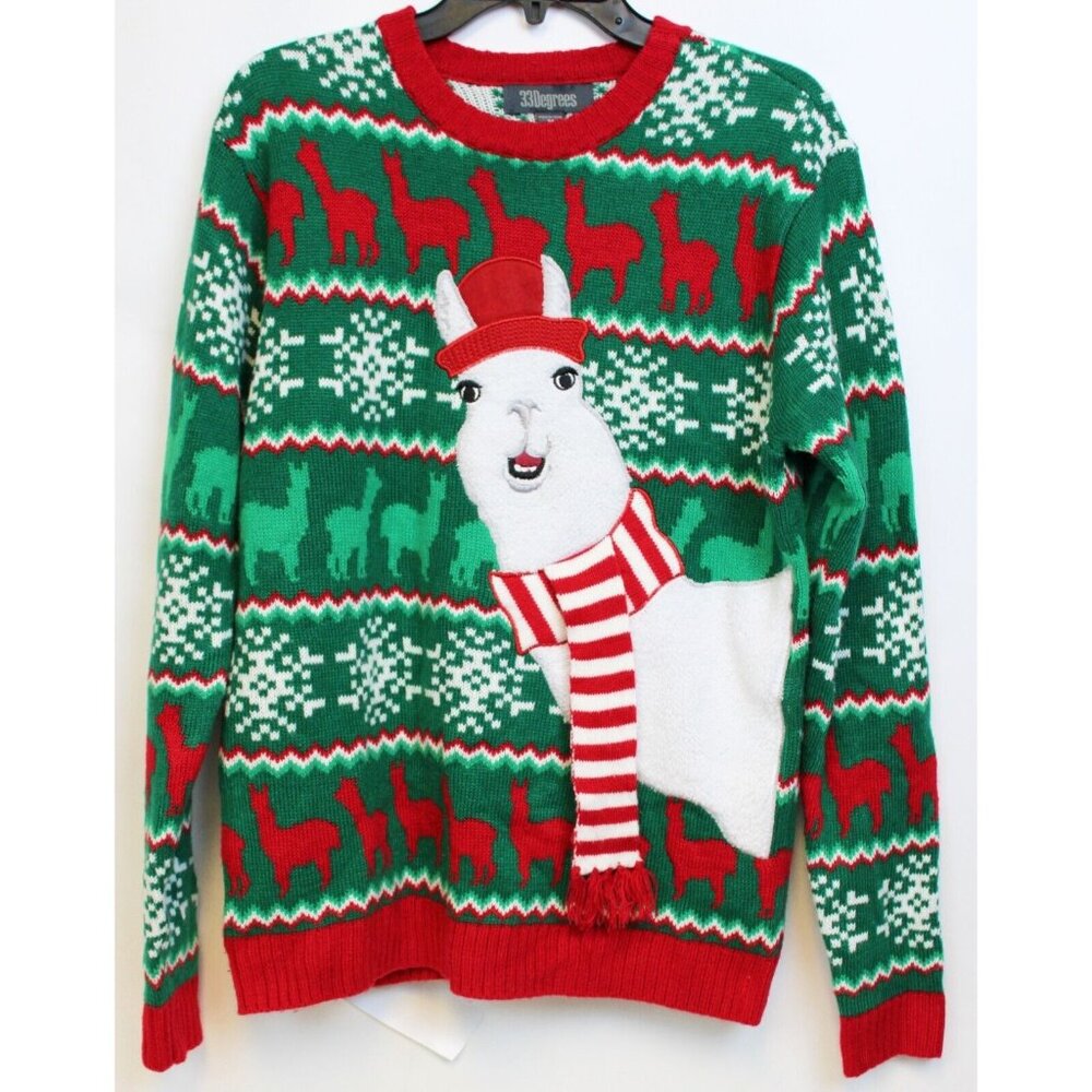 33 Degrees Ugly Christmas Sweater sz M Llama Knit Alpaca Holiday Green Nordic